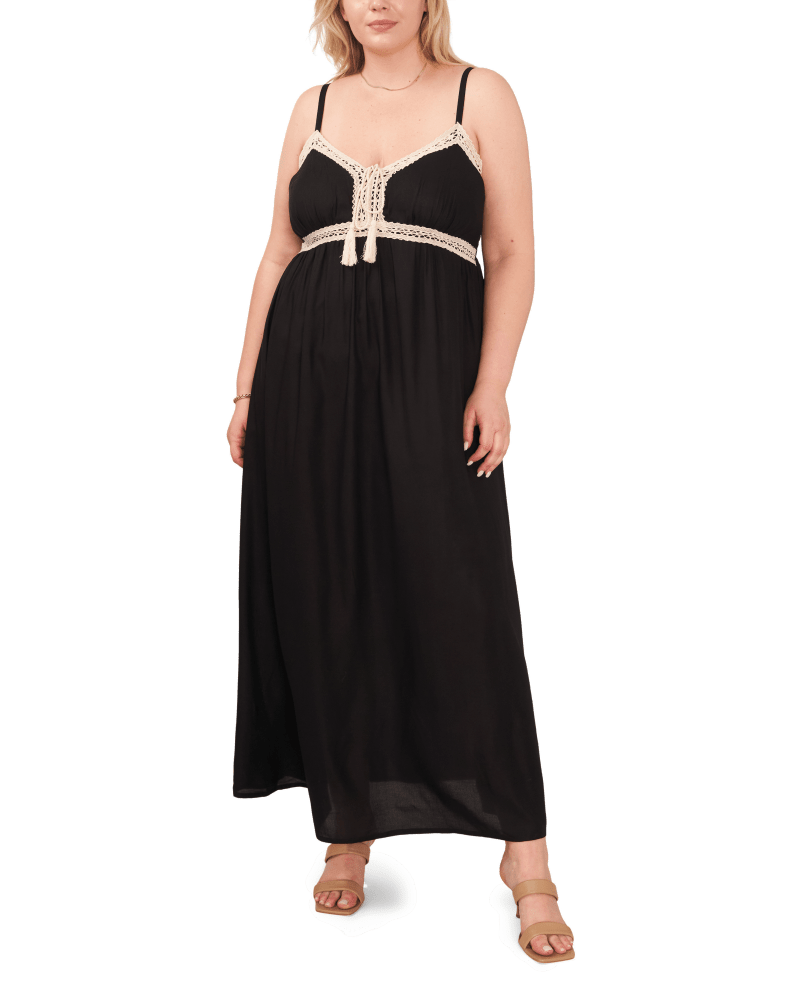 Front of a model wearing a size 0X Mia Crochet Trim Maxi Dress in RICH BLACK-060 by 1.State. | dia_product_style_image_id:262062